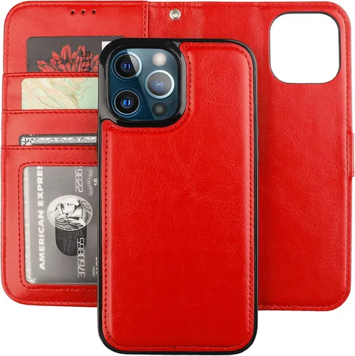 Miniatura 12 de Bocasal Funda tipo cartera desmontable para iPhone 13 Pro Max con bloqueo RFID, ranuras para tarjetas, soporte de cuero PU premium, soporte Negro