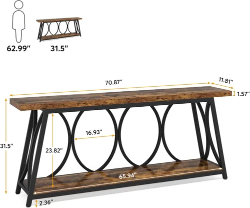 Miniatura 2 de Tribesigns - Mesa consola extralarga de 70.9 pulgadas, mesa de sofá industrial detrás del sofá con estante de almacenamiento de 2 niveles, mesa