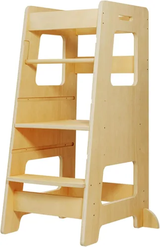 Miniatura 13 de Taburete de cocina WOOD CITY, taburete de cocina para niños pequeños con baranda de seguridad, altura ajustable, torre de aprendizaje para niños