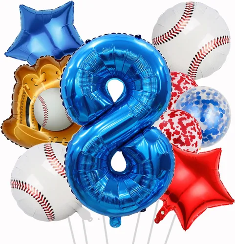 Globos de béisbol de papel de aluminio para decoración de cumpleaños, globos con el número 8, globos de confeti de estrella roja y azul para Béisbol