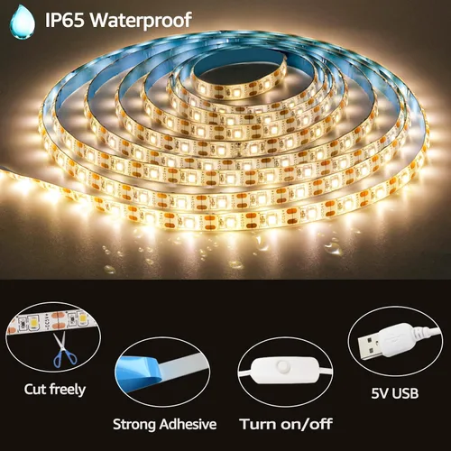 Miniatura 3 de Tira de luces LED de 5V USB 9.84 pies, 3500K blanco cálido, tira de luces LED flexible impermeable de SMD2835 con 180 LEDs, regulable, luz de tira