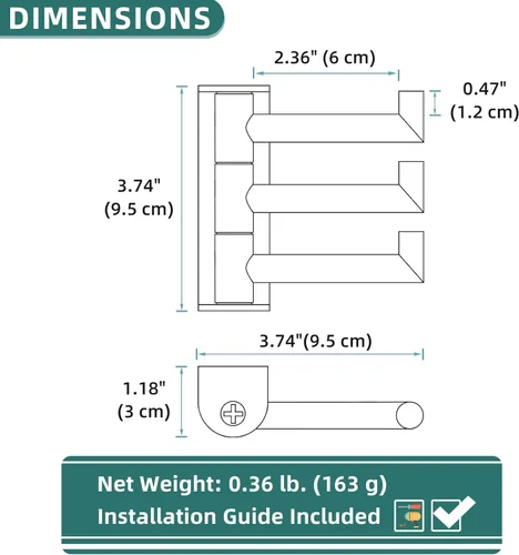 Miniatura 9 de APLusee Gancho giratorio para toalla, gancho plegable de acero inoxidable 304 con tres brazos giratorios, colgador de almacenamiento flexible