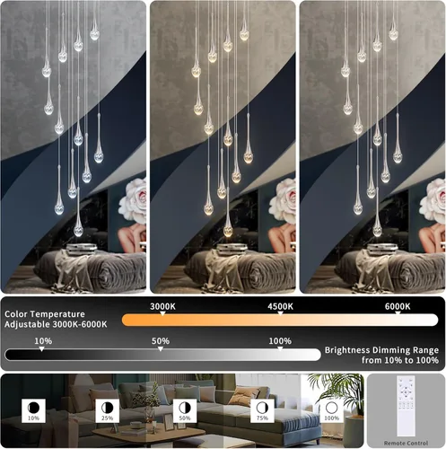 Miniatura 3 de Candelabro moderno de cristal para escalera, cromo pulido, 12 luces, H120 pulgadas, gran techo alto, espiral, regulable, LED, gota de lluvia