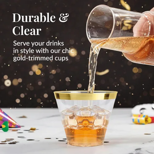 Miniatura 2 de Prestee Paquete de 100 vasos de plástico desechables con borde dorado de 9 onzas para embutidos, bodas, fiestas y eventos, elegantes tazas de cóctel