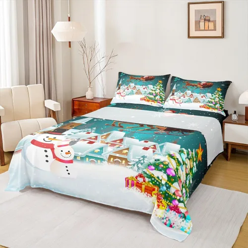 Miniatura 26 de Manfei juego de sábanas de Navidad tamaño completo, juego de ropa de cama con árbol de Navidad en forma de muñeco de nieve para la decoración