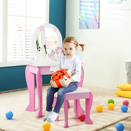 Miniatura 7 de Costzon Juego de tocador para niños con espejo, mesa de maquillaje y vestidor de princesa de madera 2 en 1 con parte superior desmontable, tocador