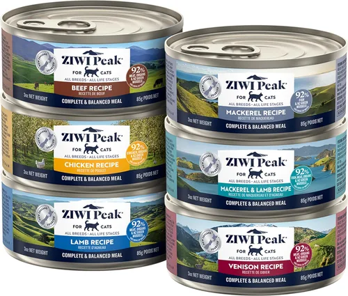 ZIWI Peak - Juego de variedad de comida húmeda para gatos - Ternera, pollo, cordero, caballa y cordero, caballa, venado, paquete de 6 (3 oz cada una)