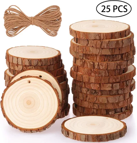 Miniatura 7 de Fuyit Juego de 25 rebanadas de madera natural de 3.1 a 3.5 pulgadas, sin acabar, preperforadas con agujero, círculos de madera, rebanadas de árbol