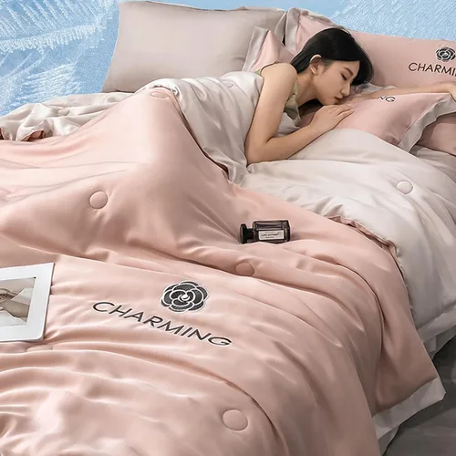 Miniatura 16 de Manta de seda de hielo simple para aire acondicionado, fresca como helado, manta ligera para verano con doble cara fría, edredón refrescante