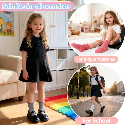Miniatura 2 de Calcetines tipo crew de algodón con volantes y agarre antideslizante para bebés y niñas pequeñas, para uniforme escolar, transpirables, 9 pares