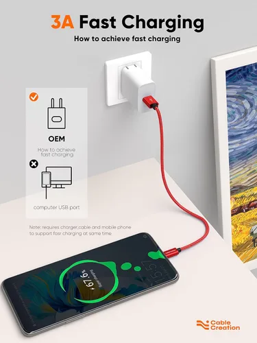 Miniatura 3 de CableCreation 0.5 m Cable USB Corto a USB C, Cable USB A a USB C Rojo de 3A de Carga Rápida Trenzado, Cable USB C Macho a Macho USB para Banco