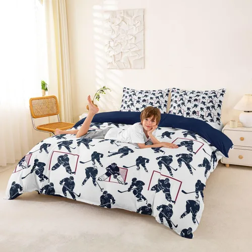 Miniatura 4 de Feelyou Juego de ropa de cama de hockey sobre hielo para niños y niñas, funda de edredón con patrón de eventos deportivos, funda de edredón