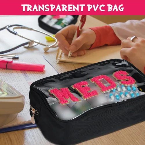 Miniatura 6 de Hillban 2 bolsas medicinales de chenilla con parche de letras, bolsas de viaje, de nailon transparente, bolsas de maquillaje portátiles