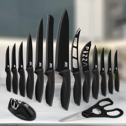 Miniatura 7 de LDC - Juego de cuchillos negros de cocina, acero inoxidable, aptos para lavavajillas, juego de cuchillos ergonómicos con asas antideslizantes