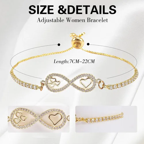 Miniatura 5 de Pulsera con dije de corazón infinito, pulsera de corazón de amor para mujer, 14 quilates de circonita cúbica, ajustable, pulsera de cadena de tenis