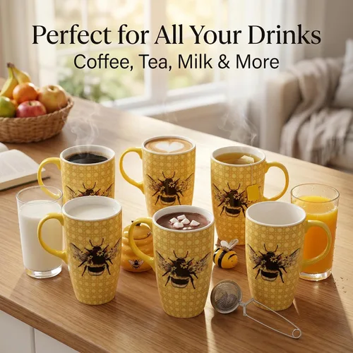 Miniatura 6 de DUSVALLY Taza de cerámica grande Taza de café alta Tazas de viaje de porcelana Taza de café con tapa de 17 onzas, Abeja
