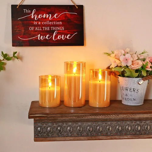 Miniatura 7 de Homemory juego de 3 velas sin llama de vidrio ámbar, velas LED acrílicas que funcionan con pilas, con control remoto y temporizador, Velas Radiance