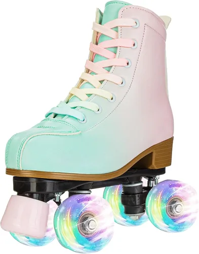Miniatura 8 de Patines de ruedas para niñas y mujeres, cómodos patines de piel sintética de color degradado con ruedas flash, patines para interiores y exteriores