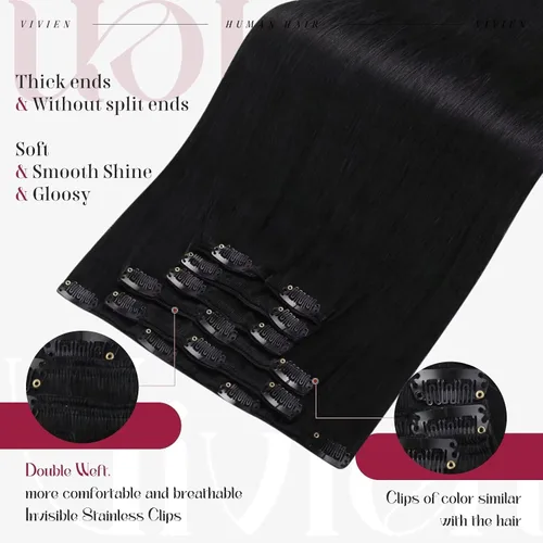 Miniatura 3 de Vivien Extensiones de cabello humano con clip, color negro azabache, extensiones de cabello humano real con pinzas invisibles, doble trama, 14