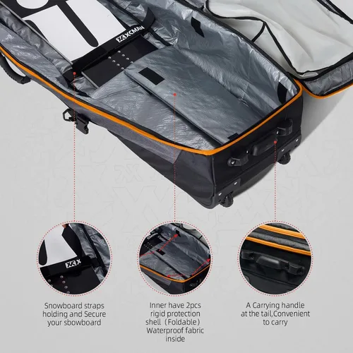Miniatura 3 de XCMAN Bolsa de snowboard con ruedas, longitud ajustable, extra larga/ancha/profunda, impermeable, con varillas de protección 140L