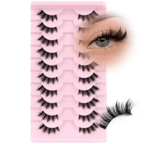 Miniatura 15 de Ahrikiss Mitad pestañas de aspecto natural, 10 pares de pestañas postizas 3D esponjosas con banda transparente, medias pestañas cortas suaves (TB10)
