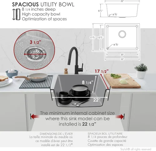 Miniatura 7 de Stylish S-822L - Fregadero de cocina de granito compuesto de 22 x 17.5 pulgadas, cuenco individual debajo del montaje y caída, 8.25 pulgadas
