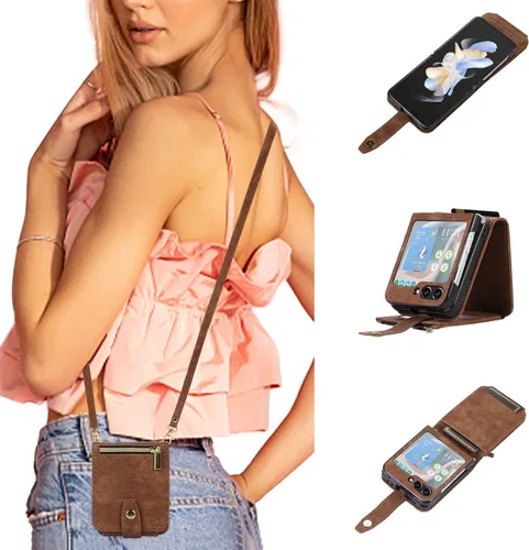 UEEBAI Funda tipo cartera cruzada para Samsung Galaxy Z Flip 5 5G, ranuras para tarjetas, cubierta cruzada ajustable con cremallera, correa de Marrón