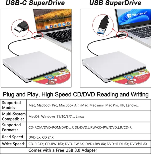 Miniatura 2 de USB C SuperDrive para Mac: Unidad externa de CD/DVD para portátil MacBook Apple Ranura Grabadora de CD Reproductor de DVD Plug and Play para PC