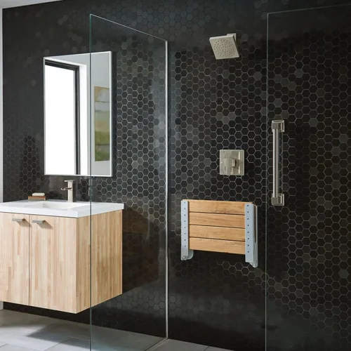 Miniatura 12 de Moen Muebles de seguridad para el baño, asiento de ducha plegable de aluminio de madera de teca, banco de ducha montado en la pared, DN7110