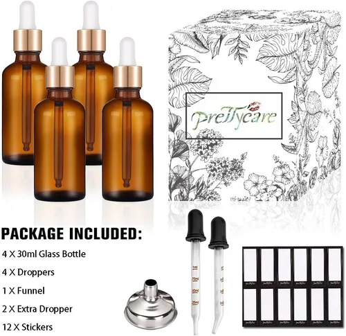 Miniatura 6 de PrettyCare Paquete de 4 botellas con cuentagotas de aceites esenciales, botellas vacías de tintura para cuidado personal y belleza, Ámbar