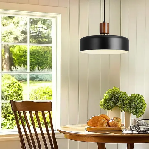 Miniatura 5 de Lámpara colgante industrial, lámpara colgante de cúpula de madera de goma con pantalla de metal martillado de 15.8 pulgadas, lámparas modernas Negro