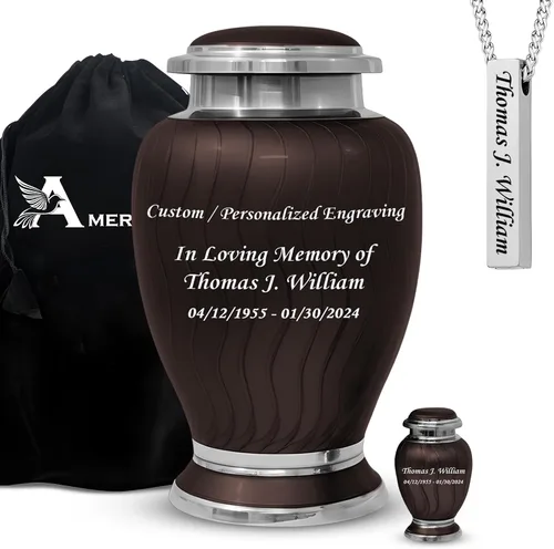 Miniatura 20 de Juego de 6 urnas funerarias decorativas negras y doradas personalizadas/grabadas para cenizas humanas, hombres y mujeres, con 1 urna grande