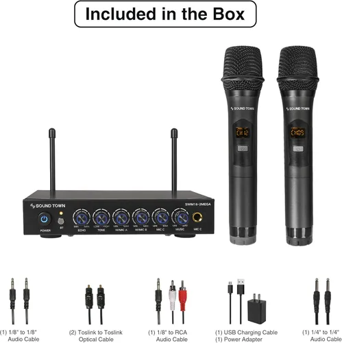 Miniatura 4 de Sound Town Sistema Mezclador de Karaoke con Micrófono Inalámbrico de 100 Canales con 2 Micrófonos de Mano de Metal, Óptico (Toslink), AUX