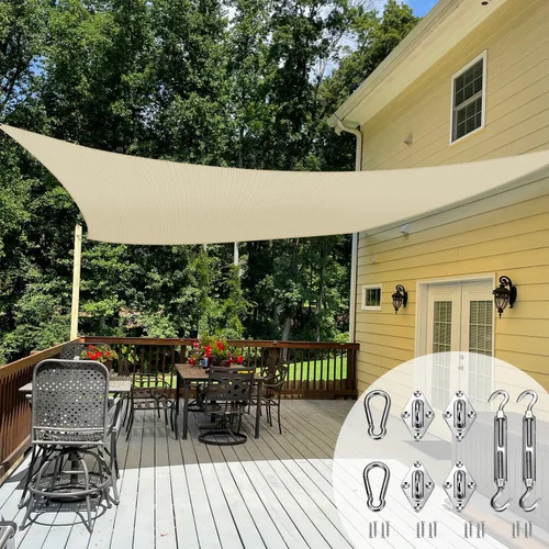 TANG Toldo tipo vela de 10 x 10 pies, color beige, con kit de herrajes, tela cuadrada para sombra, bloque U*V, para patio, jardín, escuela, parque,