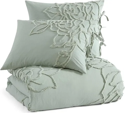 Miniatura 2 de Peri Home Juego de edredón y fundas de almohada de 3 piezas, 100% algodón, color verde chenilla rosa, matrimonial/queen