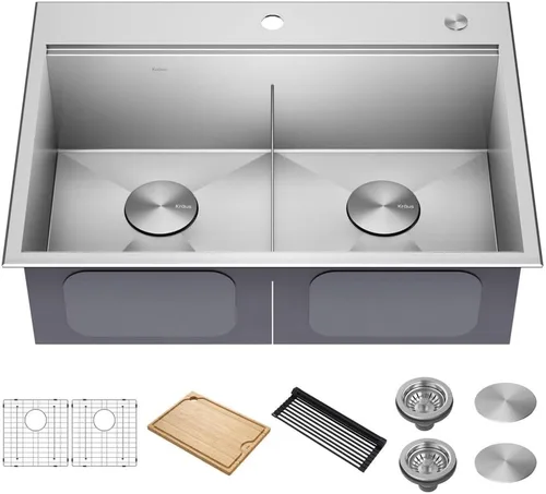 Miniatura 11 de KRAUS KWT310-33/18 Kore - Fregadero de cocina con estación de trabajo de 33 pulgadas, empotrado, acero inoxidable de calibre 18, con reborde