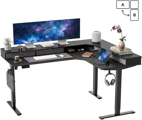 CubiCubi 63x48 Inches L Shaped Standing Desk with 3 Drawers and Monitor Shelf, Height Adjustable Corner Computer Desk with Hooks, Sit Stand Up