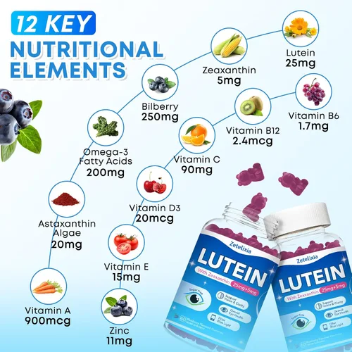 Miniatura 4 de Gomitas de luteína, suplementos de luteína y zeaxantina 12 en 1, vitaminas oculares para adultos, suplemento de salud ocular con múltiples vitaminas