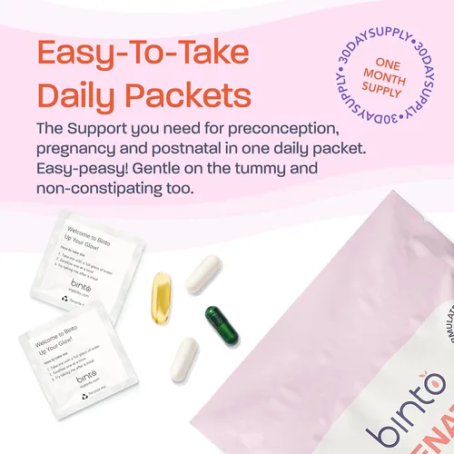 Miniatura 5 de Binto Kit prenatal - Suplementos 4 en 1 para mamá y bebé saludables - Suministro para 30 días - Multivitamínico, probióticos, hierro, DHA, folato
