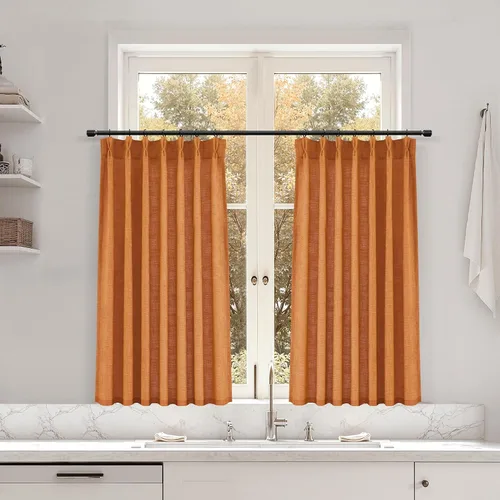 Miniatura 84 de Juego de 2 paneles de cortinas de ventana de cocina beige de 24 pulgadas de largo, con textura de lino, plisadas, filtrantes de luz, semi pequeñas