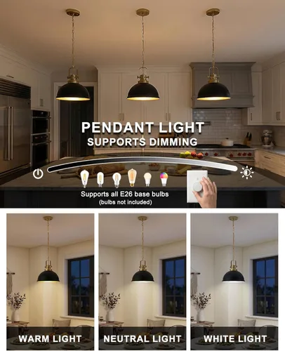 Miniatura 5 de Paquete de 2 Lámparas Colgantes Negro Dorado, Luces Colgantes de Metal Estilo Granja Modernas Negro Mate Cúpula Accesorio de Iluminación Industrial
