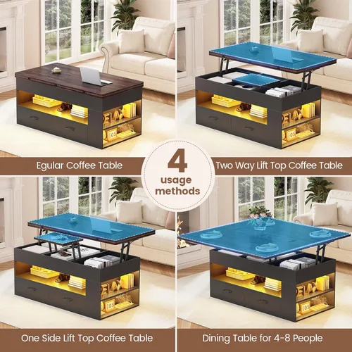 Miniatura 5 de Itaar - Mesa auxiliar con tapa elevable, mesa de centro 4 en 1 con almacenamiento y compartimento oculto, mesa de centro de estilo granja con 2