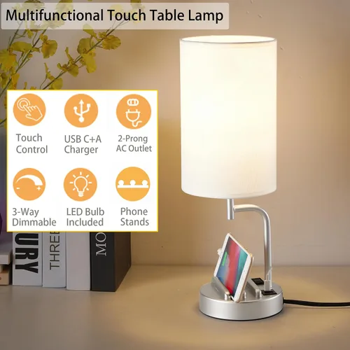 Miniatura 3 de Dreamholder - Lámpara de mesa con control táctil USB, lámpara de noche mejorada de 3 vías regulables con puertos de carga USB C y A y tomacorriente