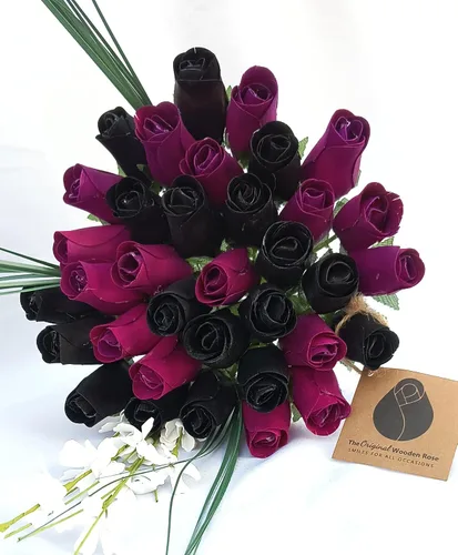 Miniatura 20 de Ramos originales de rosas de madera en 1, 2, o 3 docenas, Madera de abedul, Completamente negro, 1 Docena