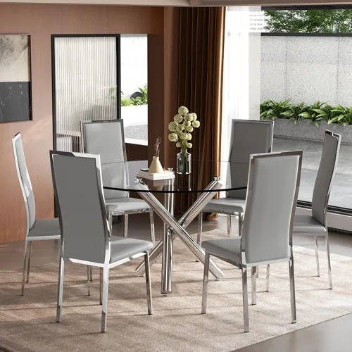 Miniatura 17 de Moderno juego de mesa redonda de cristal para 2, juego de mesa de cocina de círculo pequeño de 36 pulgadas con 2 sillas de comedor de piel sintética