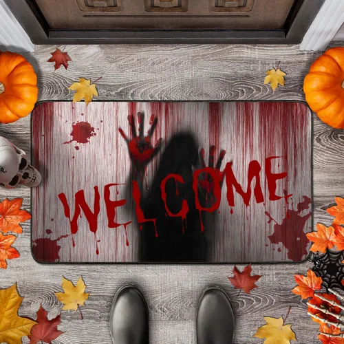 Tapete de puerta de terror para decoración de Halloween, tapete de bienvenida de sangre de 17 x 30 pulgadas, tapetes de goma de lino antideslizantes