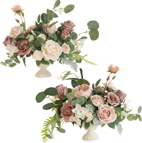 Miniatura 10 de Ling's moment Flores artificiales magenta con jarrón para decoración de mesa de boda, ramo de centro de mesa, maceta para ceremonia, recepción