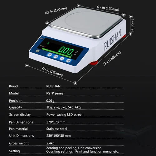 Miniatura 4 de Báscula Científica de Precisión de Laboratorio RUISHAN 1000g x 0.01g g/lb/oz/ct Escala de 0.01 Gramo, Báscula de Laboratorio, Báscula