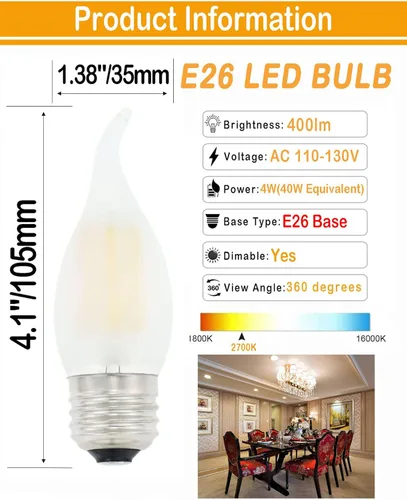 Miniatura 2 de Bombillas LED para lámpara de araña equivalente a 40 W, base E26, regulable, 4 W, 2700 K, blanco cálido, bombilla B11 E26 para candelabro