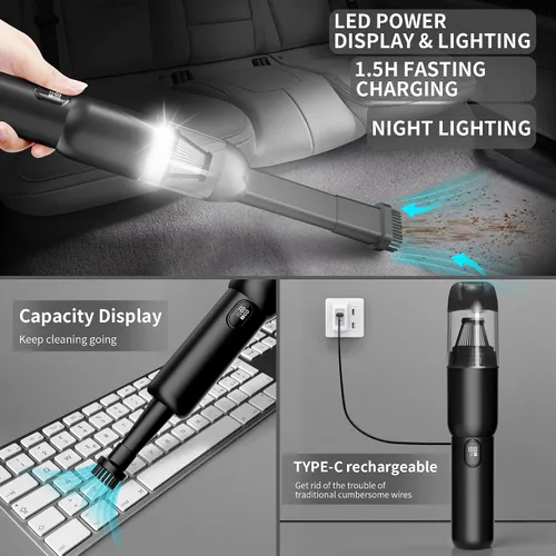 Miniatura 5 de Aspiradora de mano para automóvil, inalámbrica portátil de 20 KPA, potente succión con luz LED, inflador de aire 2 en 1, mini recargable de bajo